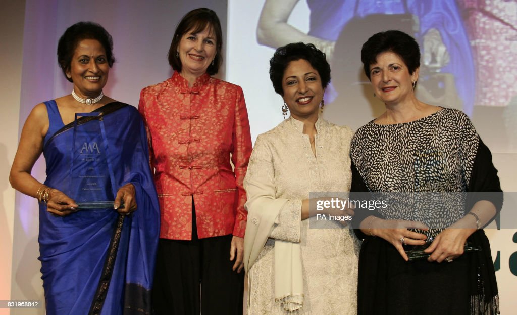 (left to right) Winner Celine Samarasinhe, Founder of the Kotahena Community Nursing Service and S-H-A-R-E Foundation, Baroness Blackstone, Pakistan High Commisioner, Dr Maleeha Lodhi, and Winner Aysin Yilmaz 57, of the Turkish Women's Philanthropic Association of England are both presented with the The Social And Humanitarian Award at the Asian Women of Achievement Awards in London.   (Photo by PA Images via Getty Images)